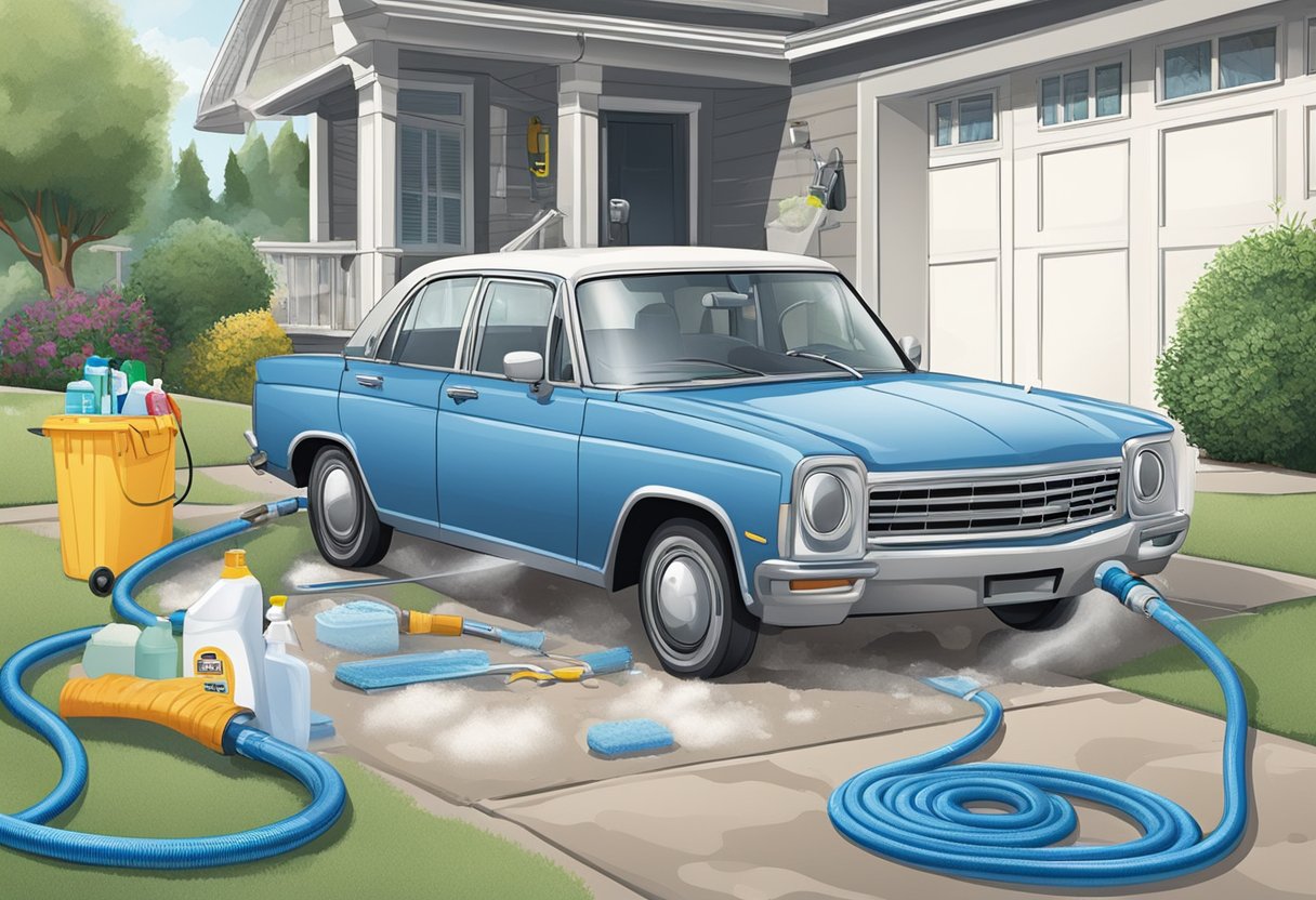 A car parked in a driveway, surrounded by cleaning supplies and equipment. Hose connected to a water source, with foam and soap suds covering the vehicle's exterior