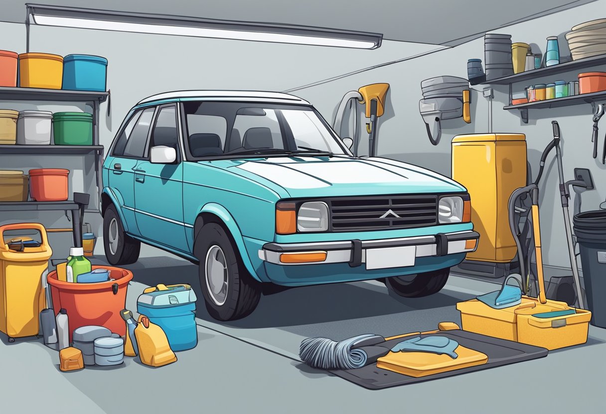 A car parked in a well-lit garage, surrounded by cleaning supplies and equipment. The interior is clutter-free, with seats covered and dashboard protected