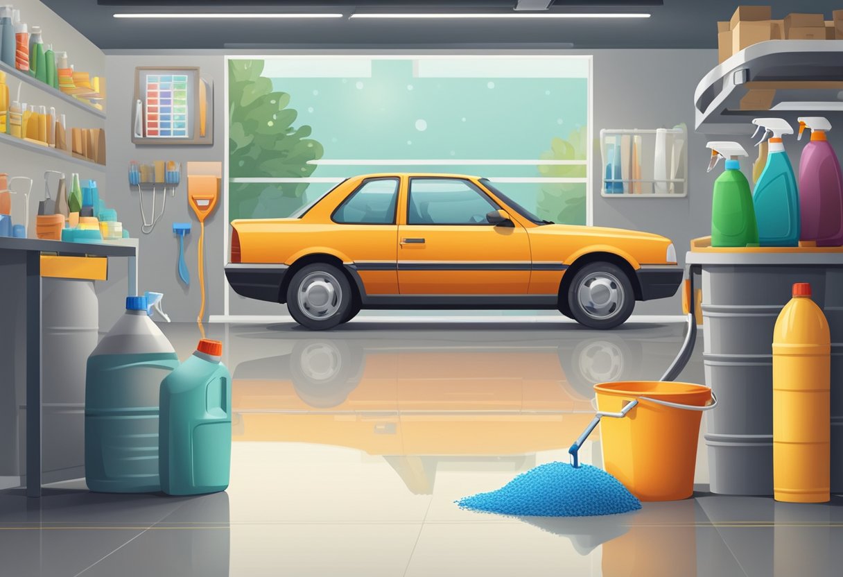 A car parked in a clean, well-maintained garage, with a bucket of car cleaning supplies nearby and a schedule of regular washings displayed on the wall