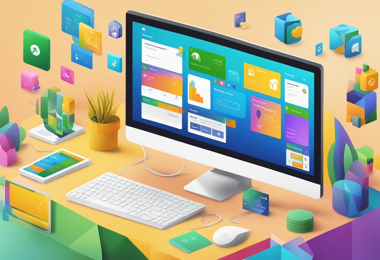 A computer screen displays the Microsoft Rewards homepage with a colorful layout and various point-earning activities