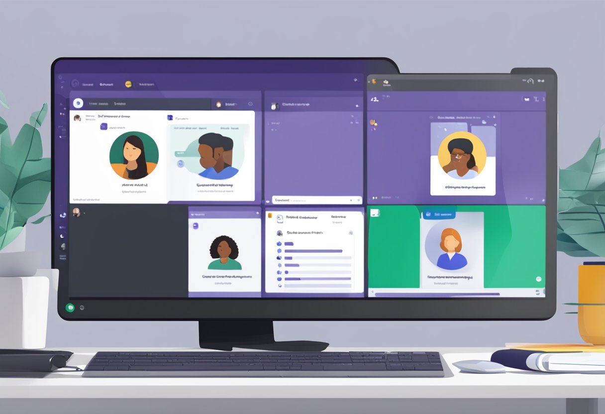 A computer screen displaying the Microsoft Teams interface with chat, video call, and file sharing options visible