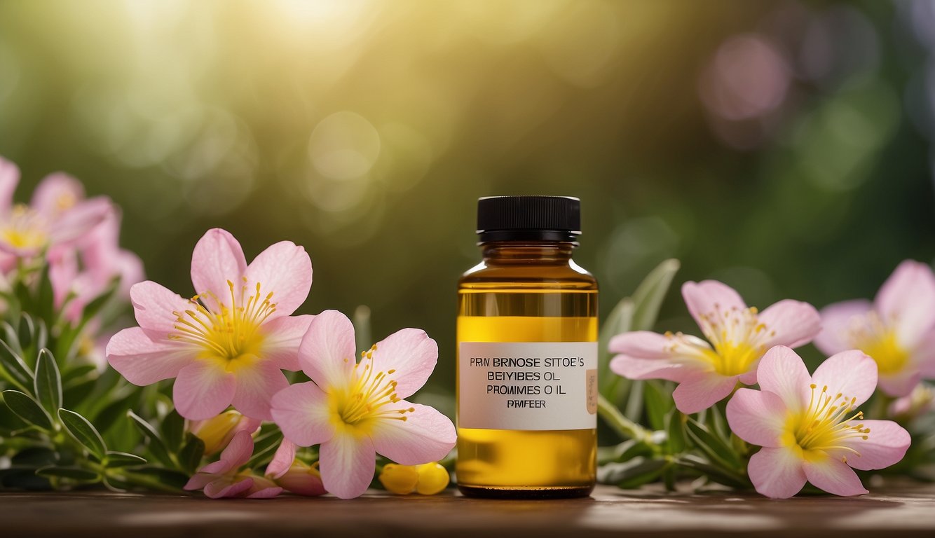 A bottle of evening primrose oil with a label listing its safety, side effects, and health benefits. A few primrose flowers in the background