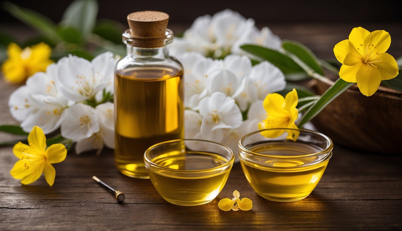 A bottle of evening primrose oil with a dropper, next to a dosage chart and a set of instructions