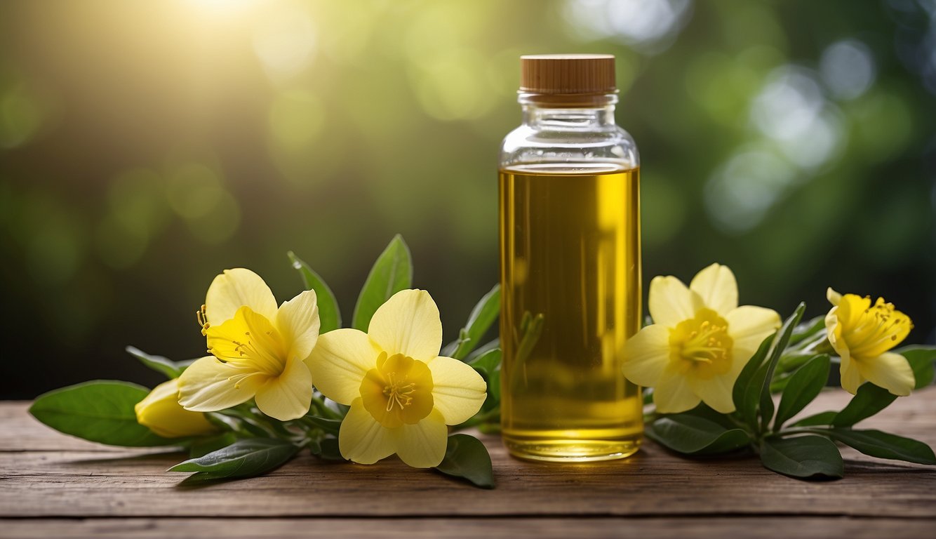 A bottle of evening primrose oil sits on a wooden table, surrounded by fresh blooming evening primrose flowers and green leaves