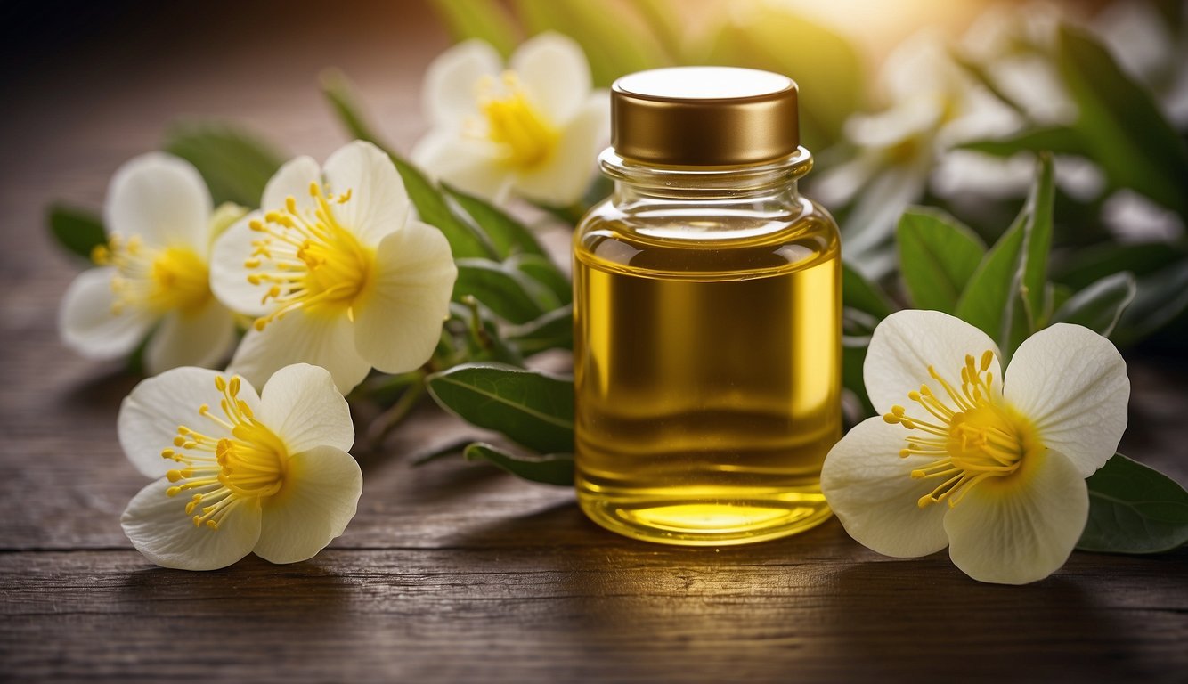 A bottle of evening primrose oil surrounded by images of healthy skin, hair, and nails, with a list of FAQ about its health benefits