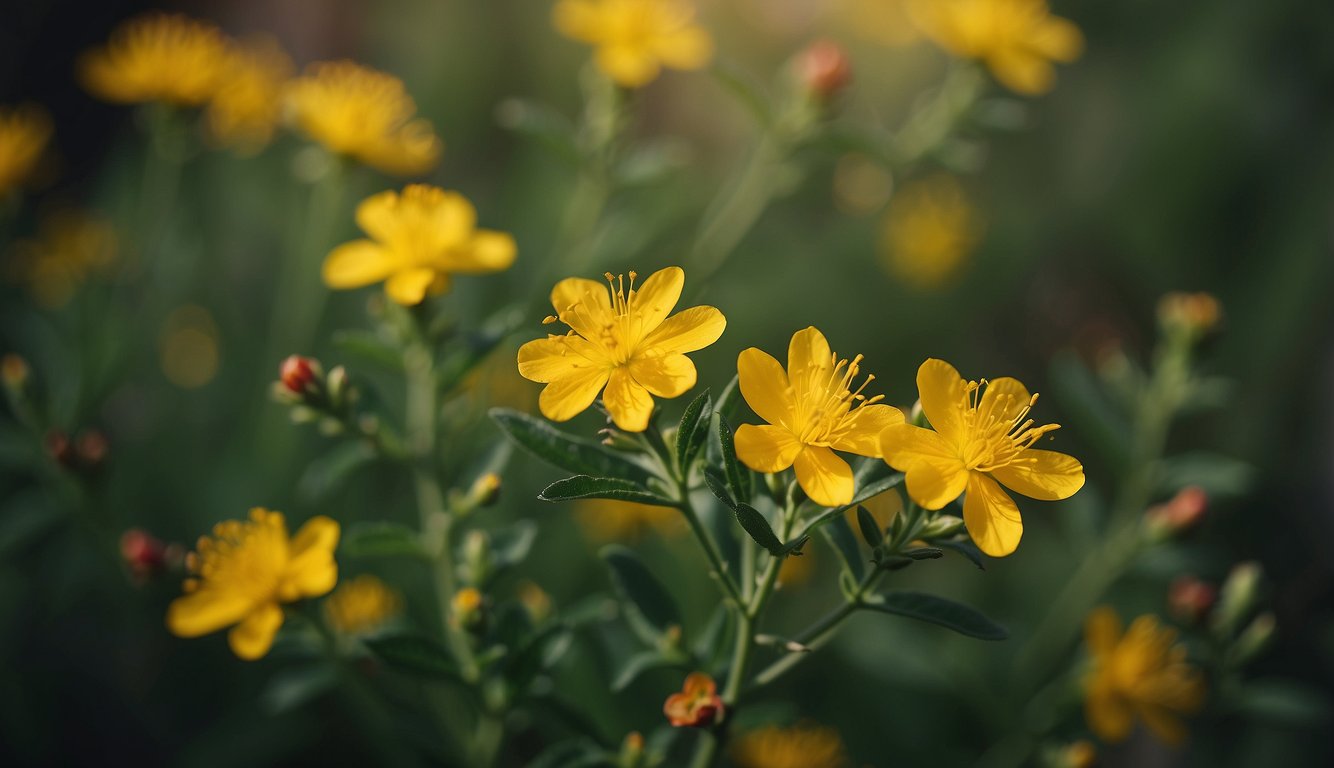St. John's Wort plant with yellow flowers, green leaves, and red stems. Chemical compounds labeled with healing properties