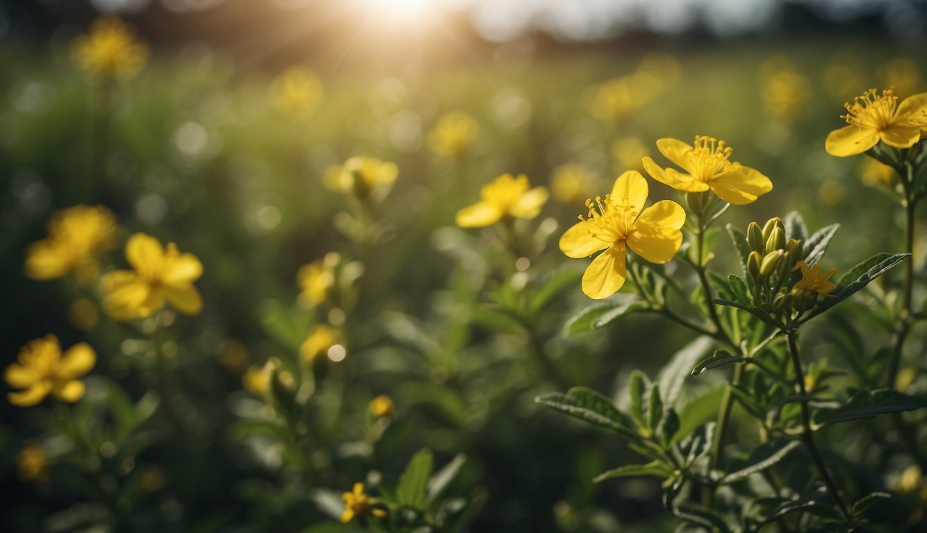 Lush green field with vibrant St. John's Wort flowers, sunlight breaking through clouds, and a sense of calm and tranquility in the air