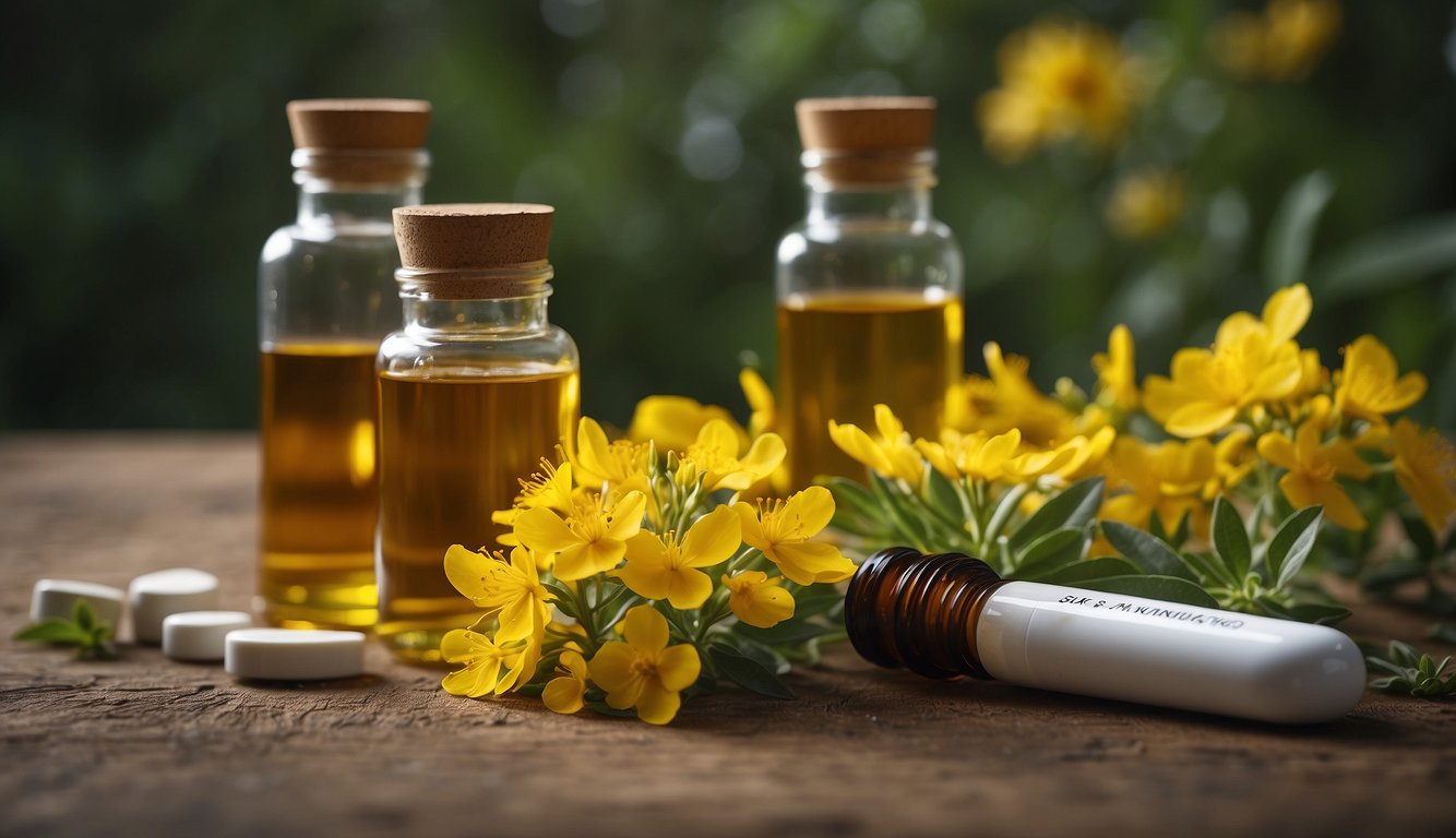 St. John's Wort flowers and leaves surrounded by bottles of medication, with a caution sign