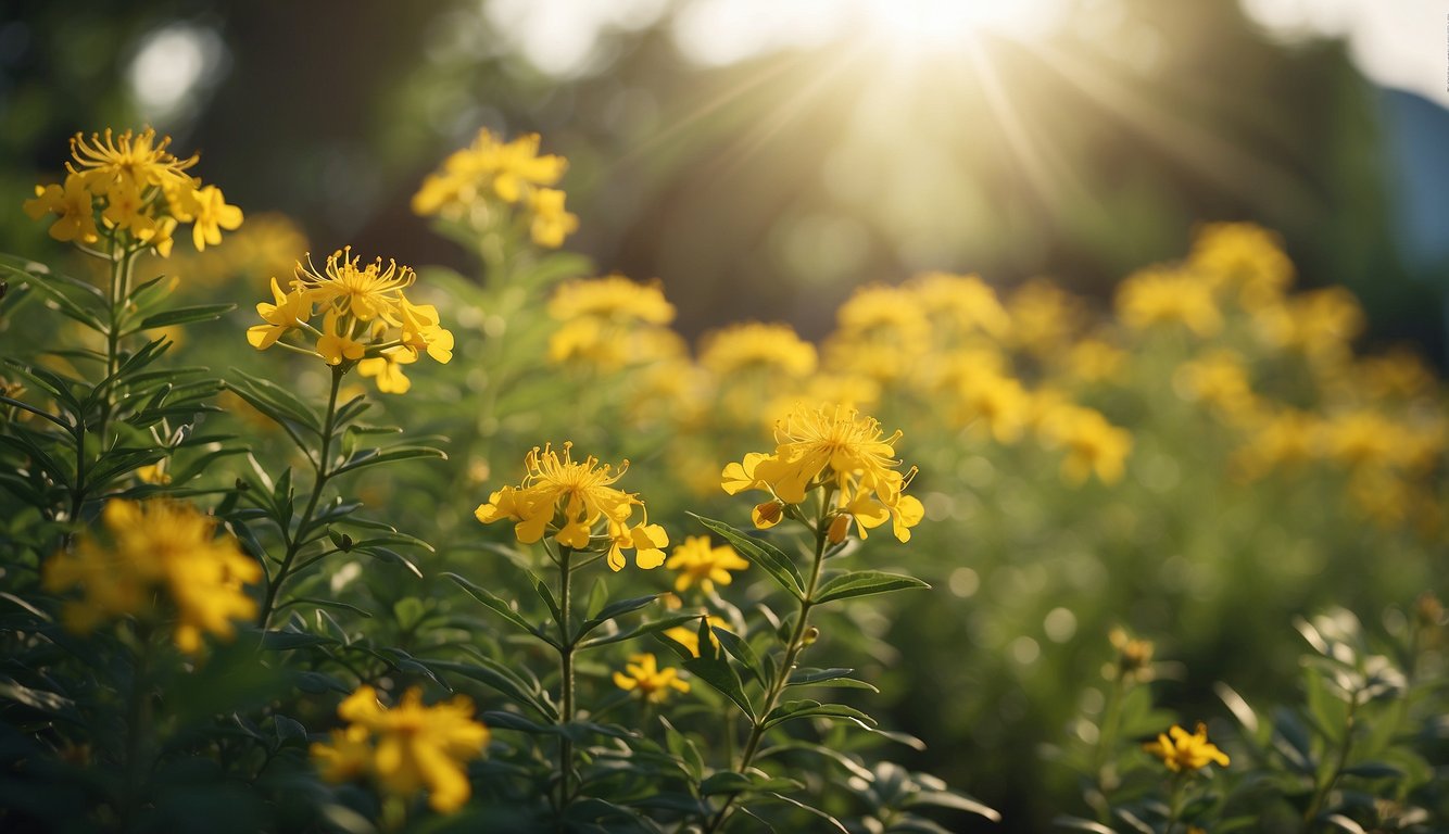 A serene garden with vibrant St. John's Wort plants, surrounded by a tranquil setting with a gentle breeze and warm sunlight