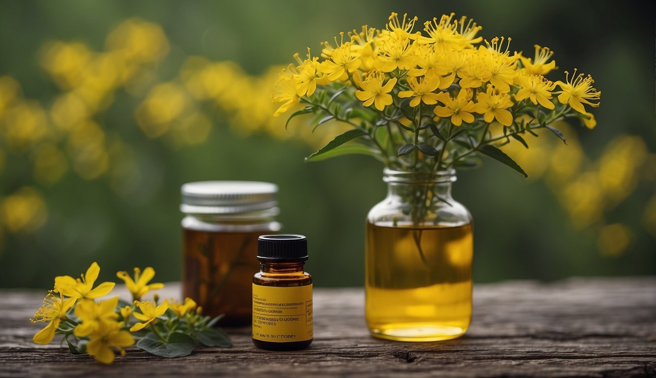 St. John's Wort plant with yellow flowers, labeled bottle, and dosage instructions on a leaflet
