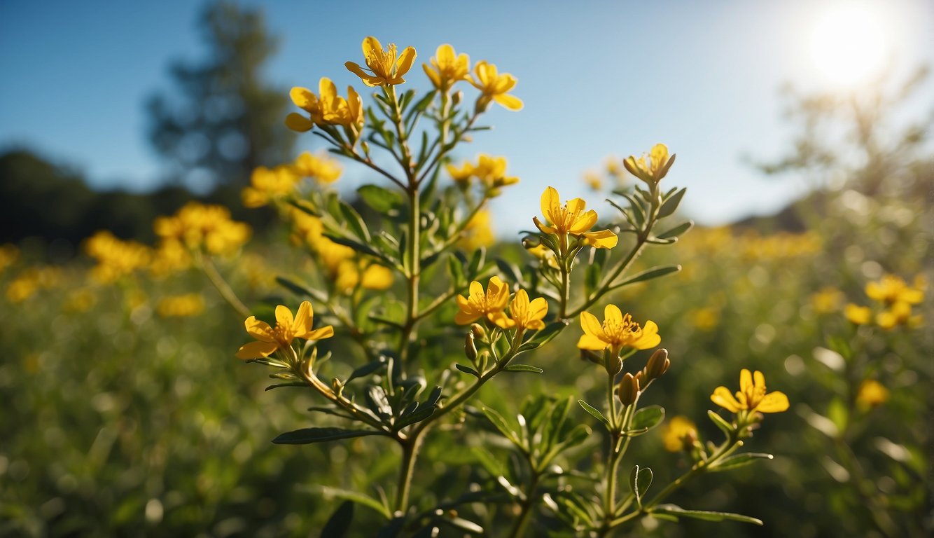 A field of St. John's Wort plants growing in the sunlight, with a backdrop of a clear blue sky and a gentle breeze rustling the leaves