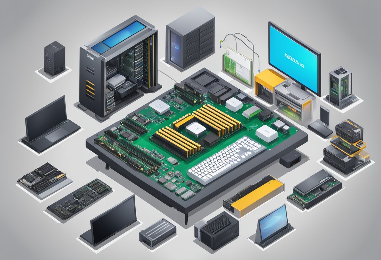 A table with various PC components laid out, including CPU, GPU, RAM, motherboard, and storage devices. Labels indicate "used" status