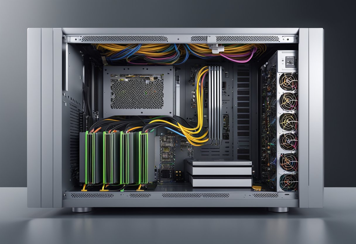 A computer tower with an open side panel revealing the power supply unit inside, with visible cables and connectors