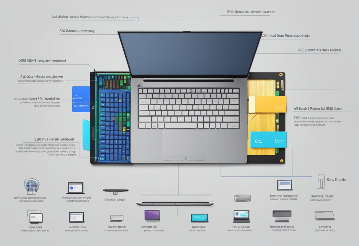 A laptop with an open RAM slot, compatible RAM stick nearby, and a list of compatible RAM models