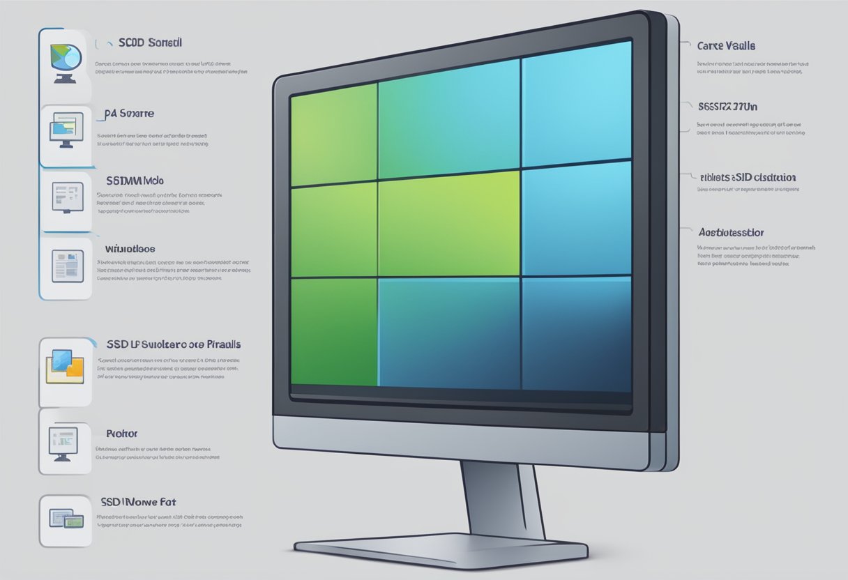 A computer monitor displaying Windows OS with a pop-up window showing SSD details
