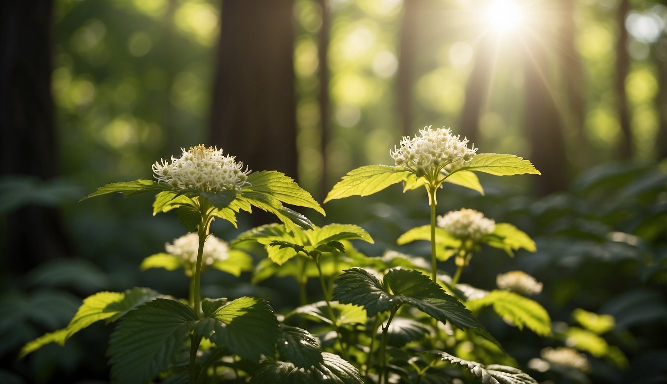 Golden rays of sunlight filter through the dense forest canopy, illuminating the vibrant green leaves and delicate white flowers of the goldenseal plant