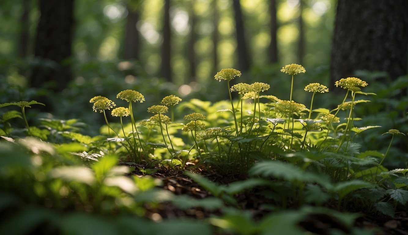 A lush forest with goldenseal plants growing in the dappled sunlight, surrounded by a diverse array of flora and fauna