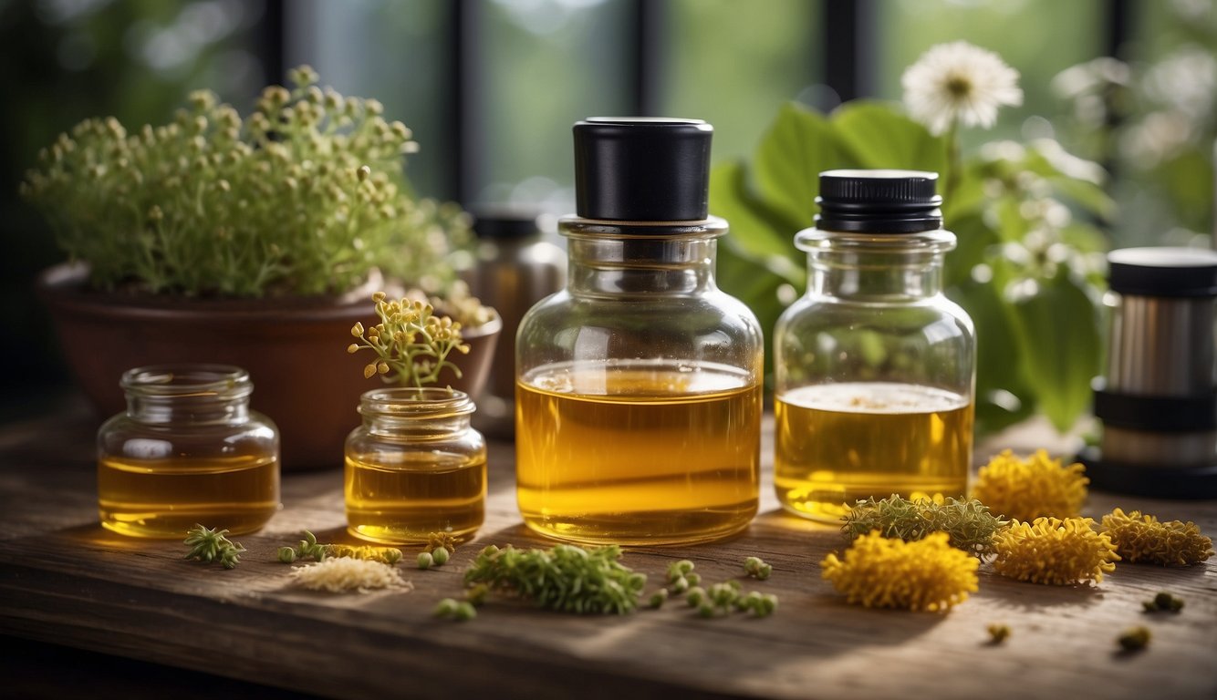 A beaker filled with goldenseal extract, surrounded by vials of its chemical components and a chart detailing its healing properties