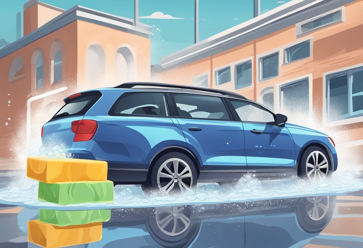 A person hand washes a car with a sponge and soap. An automatic car wash machine sprays water and soap on a car as it moves through the wash tunnel