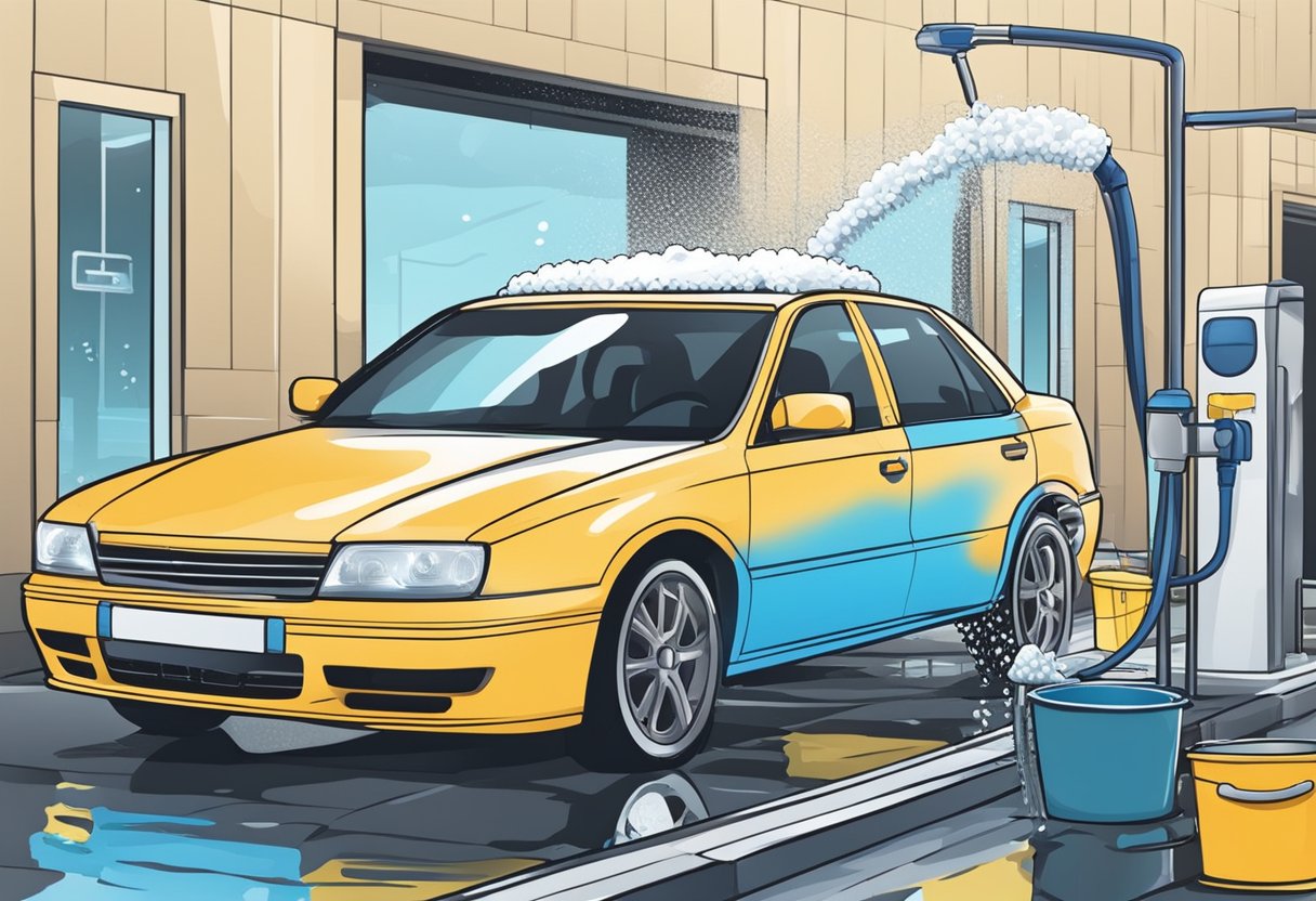 A car being hand washed with a sponge and bucket next to a car going through an automatic car wash with brushes and water jets