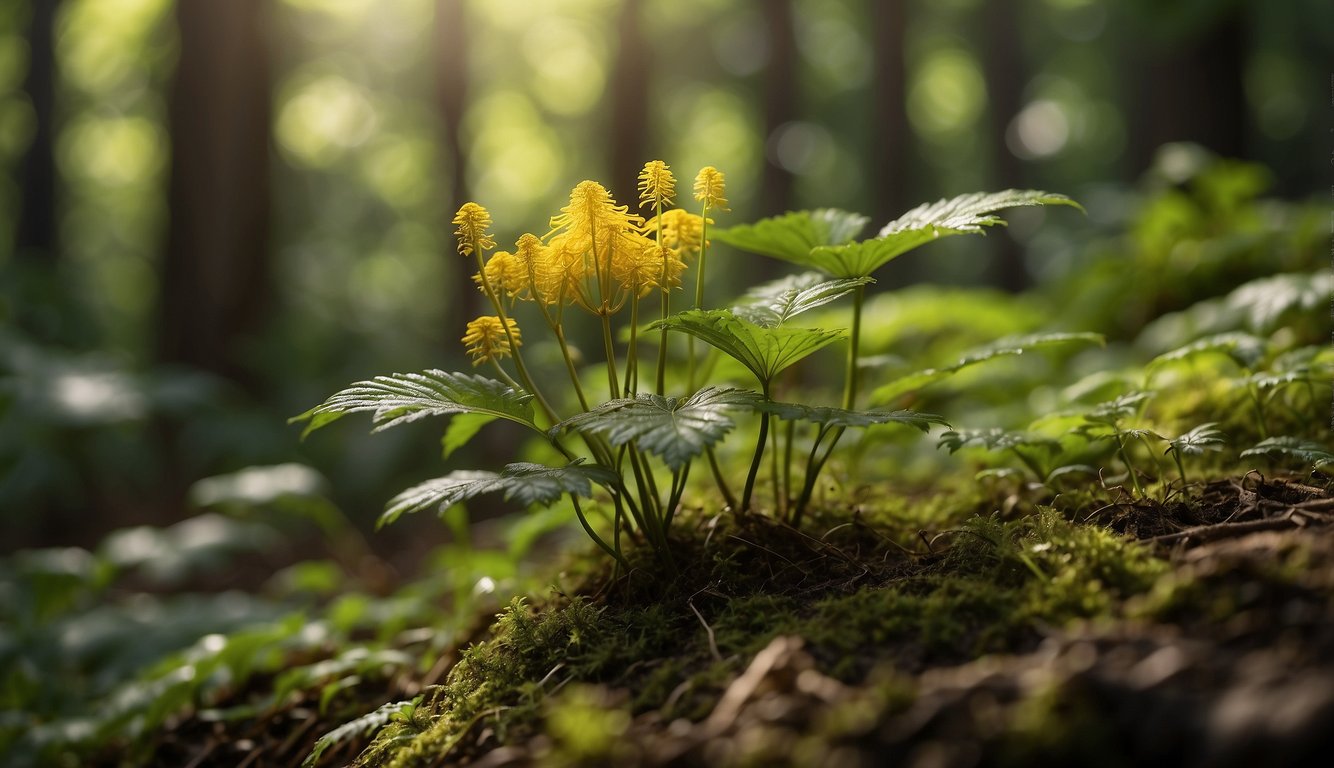 A golden-hued goldenseal plant stands tall in a lush forest, surrounded by other vibrant green foliage. Its leaves and roots exude a sense of healing and natural vitality