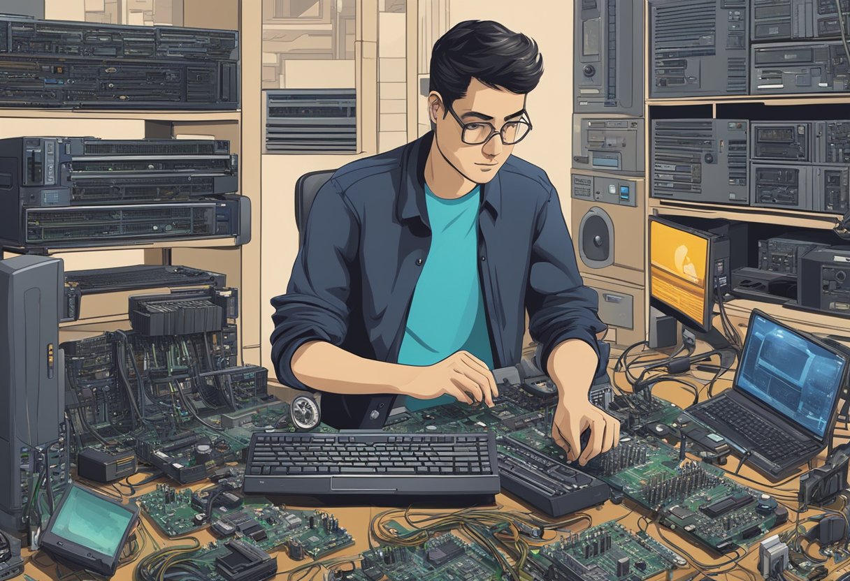 A person holding an old graphics card, looking at it with a thoughtful expression, surrounded by computer parts and tools