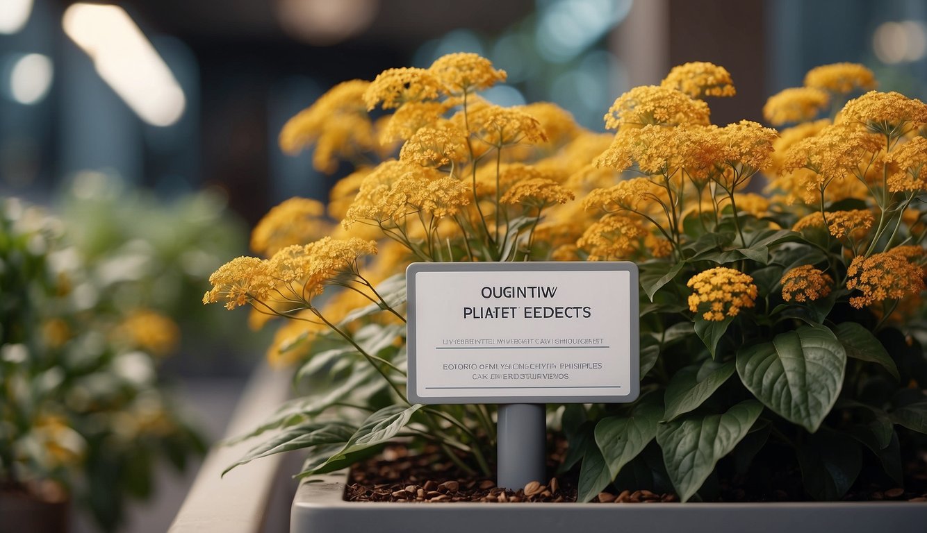 A golden-hued plant with vibrant leaves and delicate flowers, surrounded by caution signs and a list of side effects