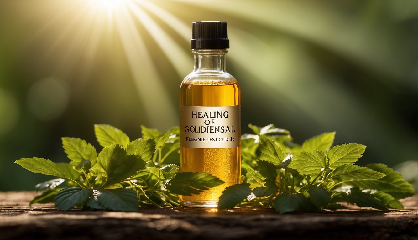 A bottle of goldenseal extract surrounded by vibrant green leaves and golden rays of light, with a banner reading "Healing Properties of Goldenseal" in bold letters