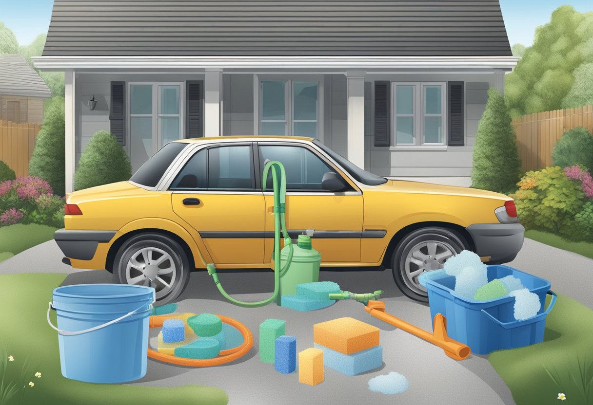 A car parked in a driveway, surrounded by buckets, sponges, and soap. A hose connected to a water source is ready for use