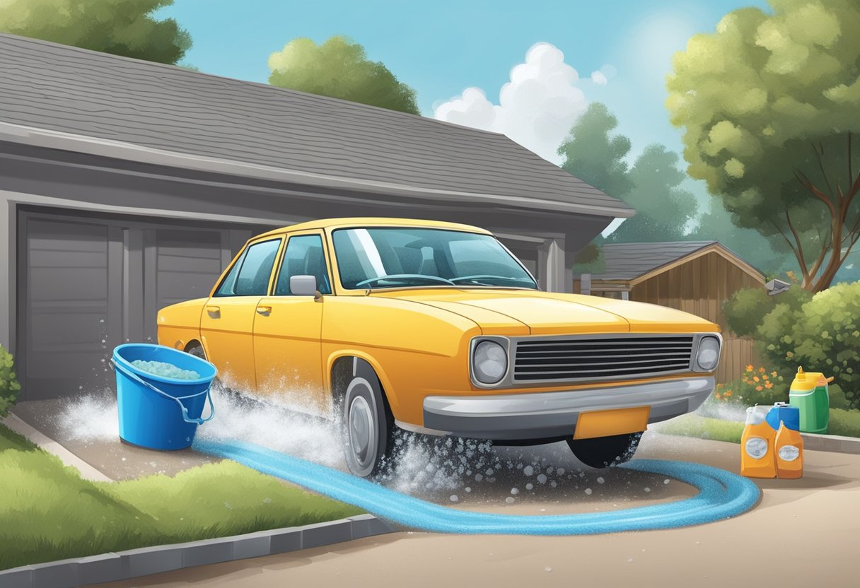 A car parked in a driveway, surrounded by buckets, sponges, and soap. Water hose spraying the vehicle, creating suds and foam