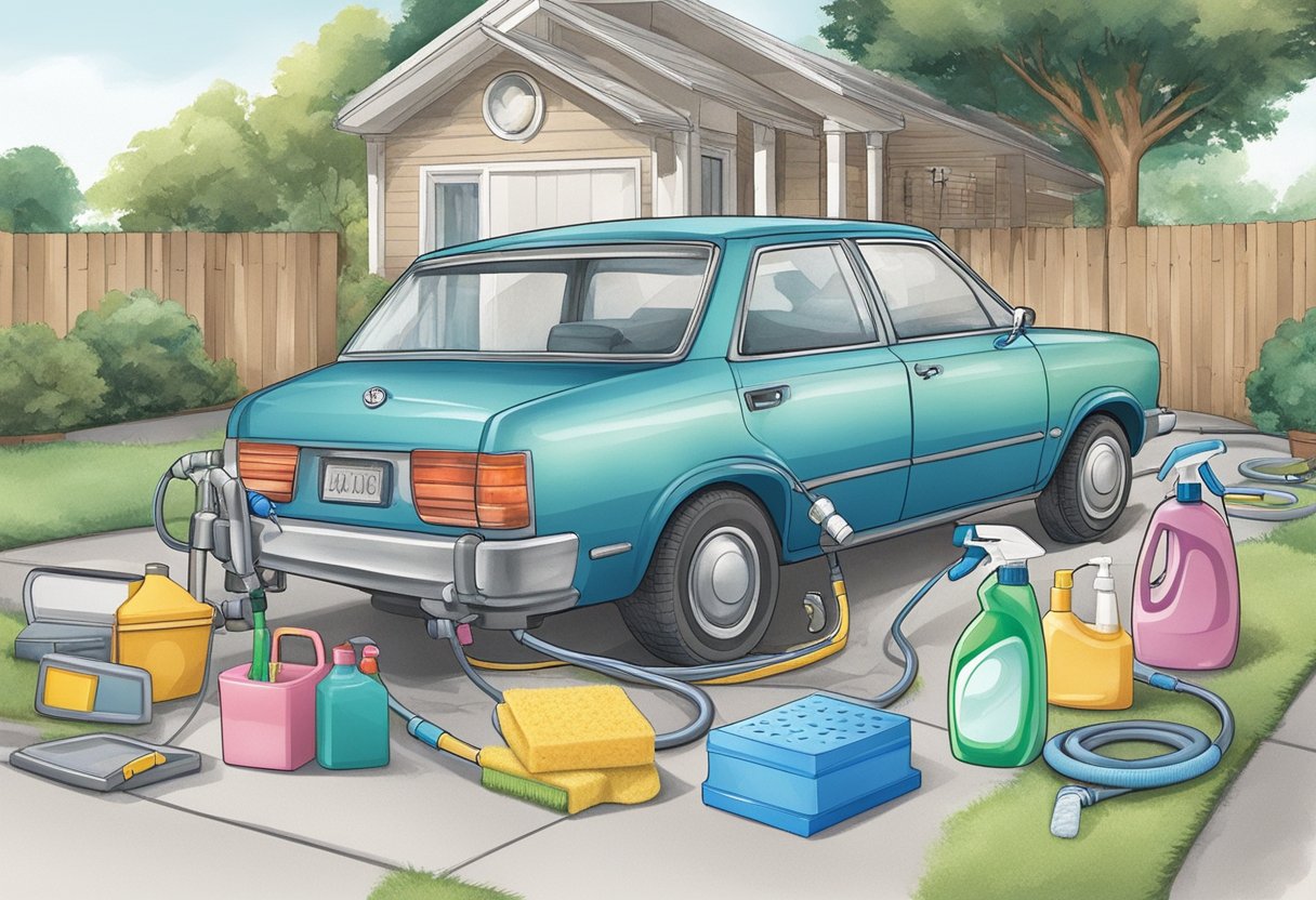 A car parked in a driveway, surrounded by cleaning supplies and equipment. A hose connected to a water source, with soap and sponges nearby
