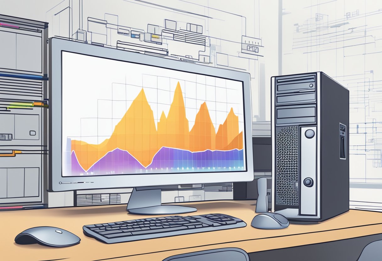 A computer monitor displaying CPU performance indicators with a graph showing an increase in usage over time. A computer tower sits next to the monitor