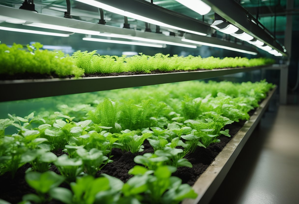 Lush green plants thrive in water-filled beds, while fish swim beneath. Tubes connect the two, creating a harmonious aquaponics system for organic food production