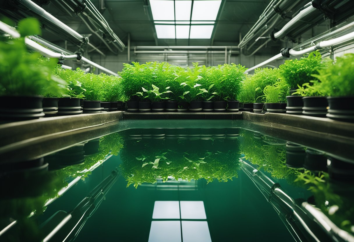 Lush green plants growing in water tanks with fish swimming below, connected by a system of tubes and filters
