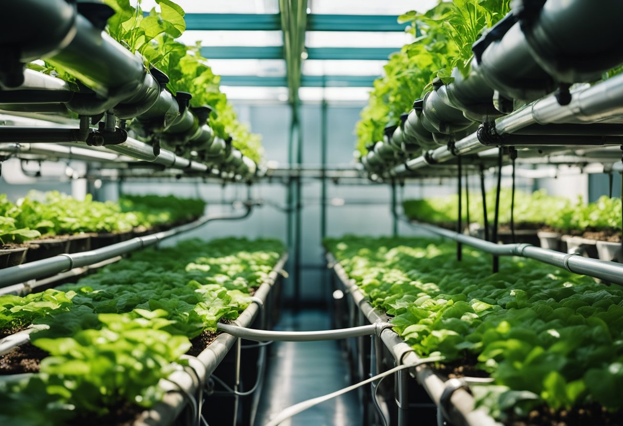 A network of pipes and tanks circulate water and nutrients, supporting lush green plants and thriving fish in a sustainable aquaponics system