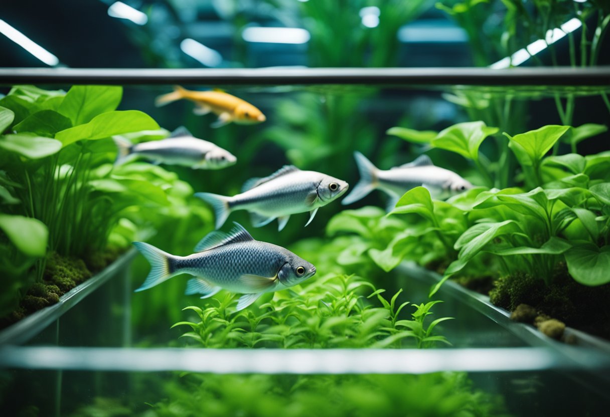 Fish swim among lush green plants in a thriving aquaponics system, creating a harmonious ecosystem for organic food production