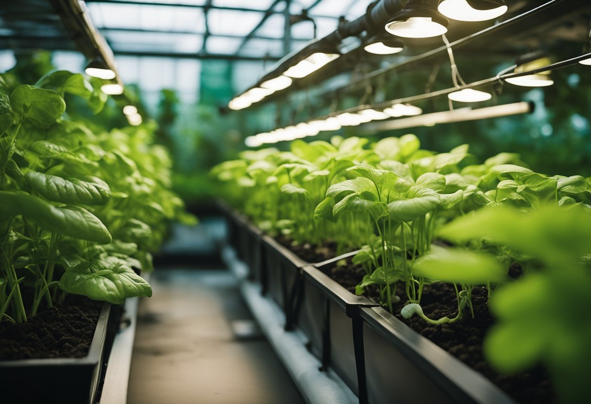 Lush green plants thrive in a carefully constructed aquaponics system, with water flowing between tanks and beds, creating a sustainable environment for organic food production
