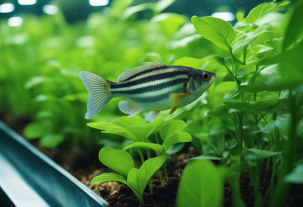 Lush green plants thrive in a symbiotic system with fish in a clear, flowing water tank, showcasing the benefits of aquaponics for organic food