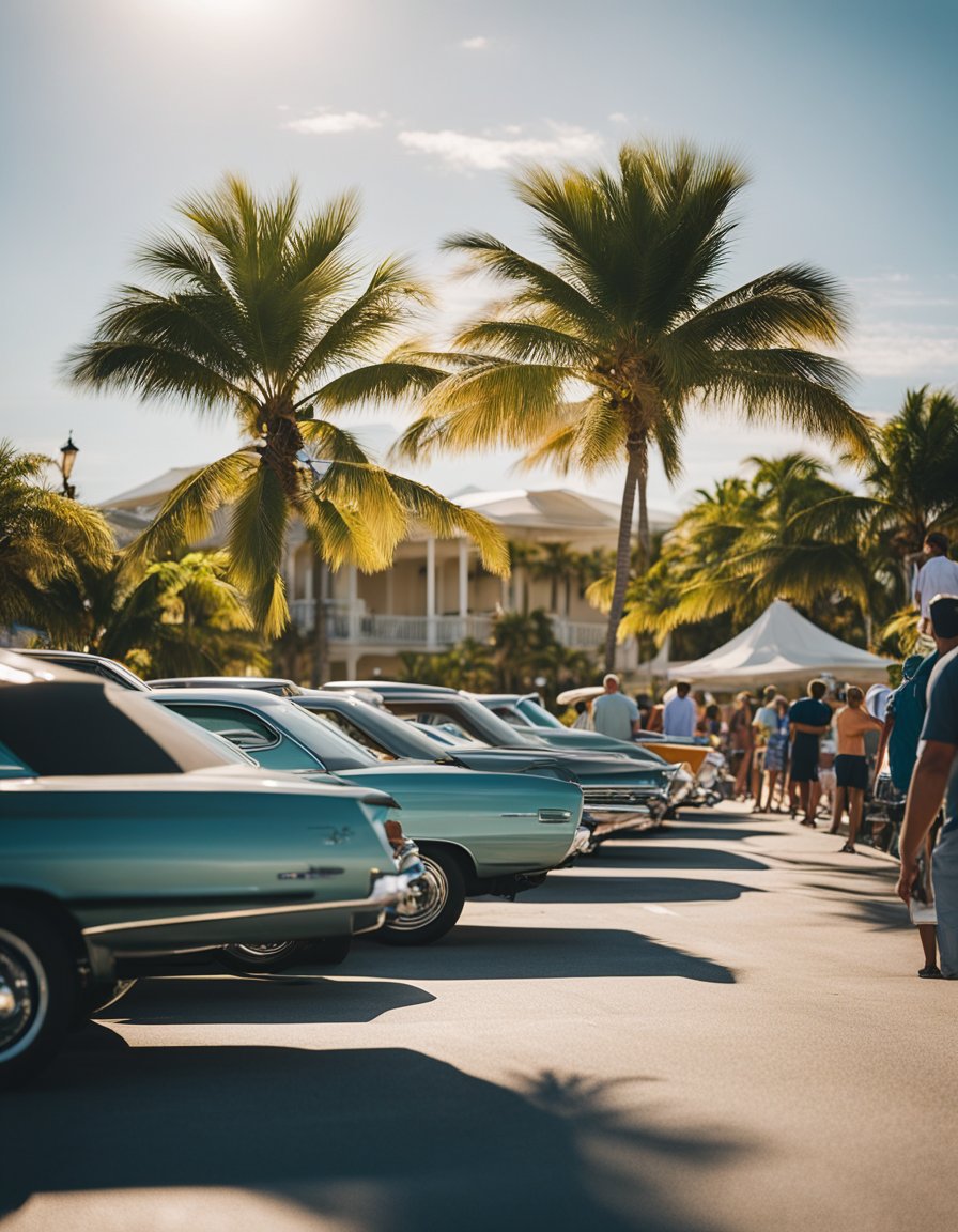 The Key West beach parking lot is filled with cars and a line of visitors waiting to enter. The sun is shining, and palm trees sway in the breeze