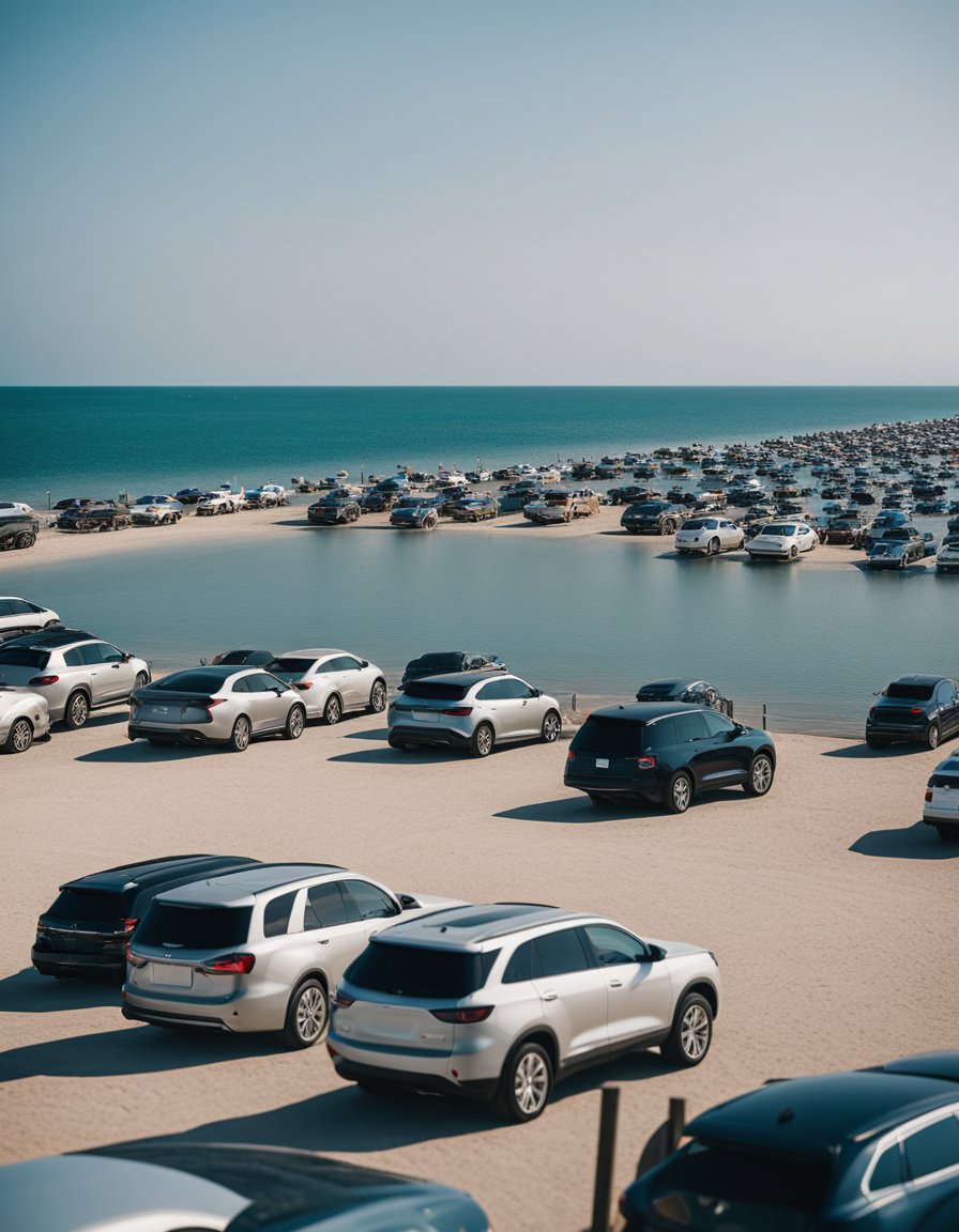Lido Beach overlooks the calm ocean, with a stretch of sandy shore and a row of parked cars in the parking lot