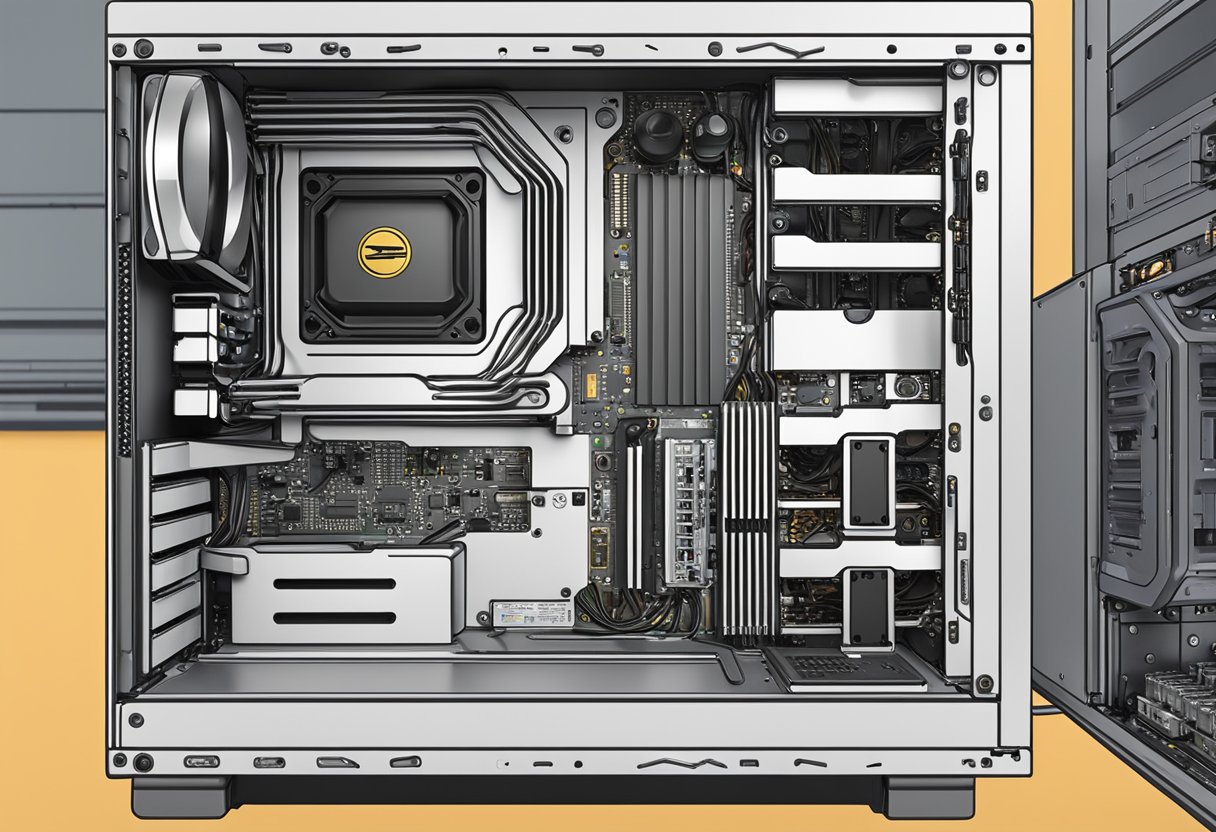 A PSU sits inside a computer case. PSU screws are located at the back of the case