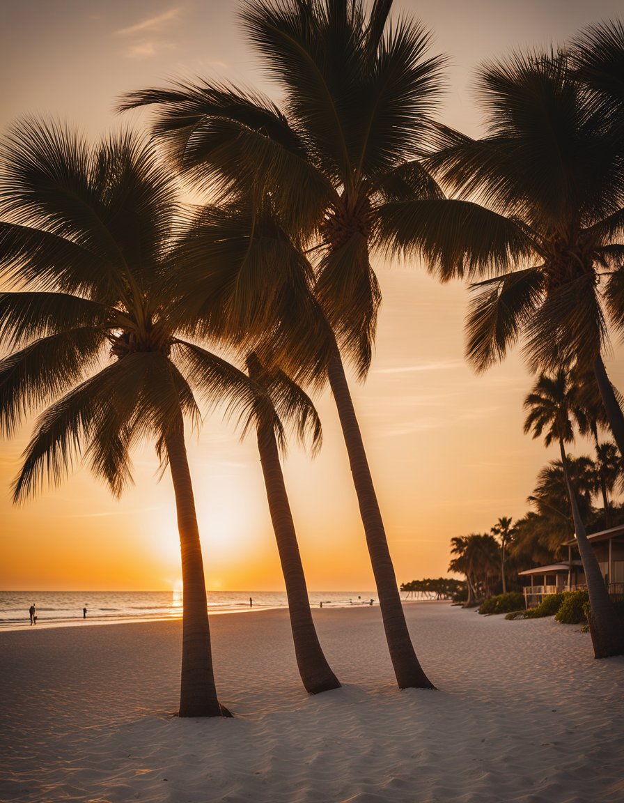 The sun sets over Longboat Key Beach, casting a warm glow on the pristine white sand. Palm trees sway gently in the ocean breeze as waves crash against the shore. A row of beach parking spaces lines the edge of the sand, with a few