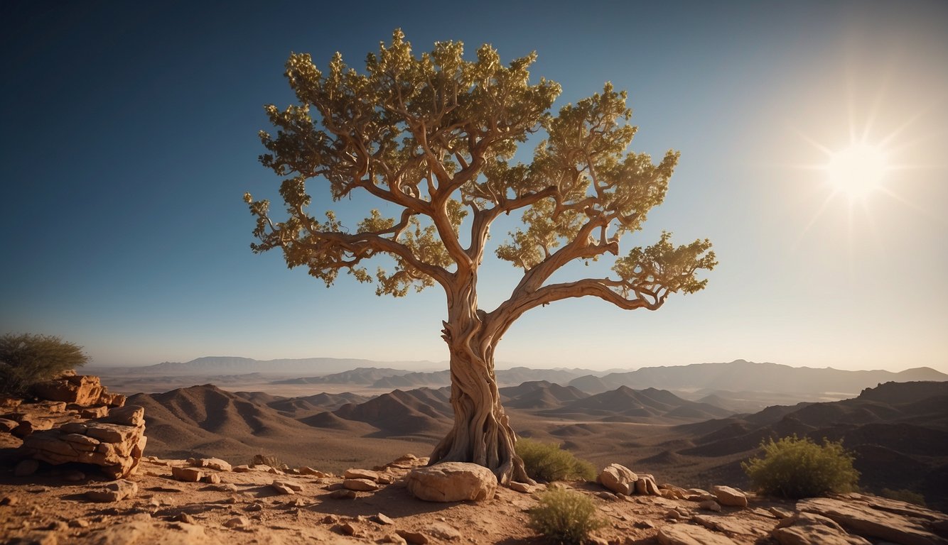 A boswellia tree stands tall in a dry, rocky landscape. Its gnarled trunk and branches reach towards the sky, while its leaves and fragrant resin add depth to the scene