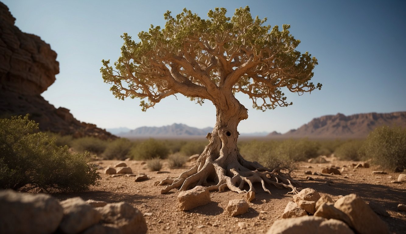 A Boswellia tree stands tall in a dry, arid landscape, with its gnarled trunk and branches reaching towards the sky. Resin oozes from the tree, symbolizing the origins and sources of boswellia
