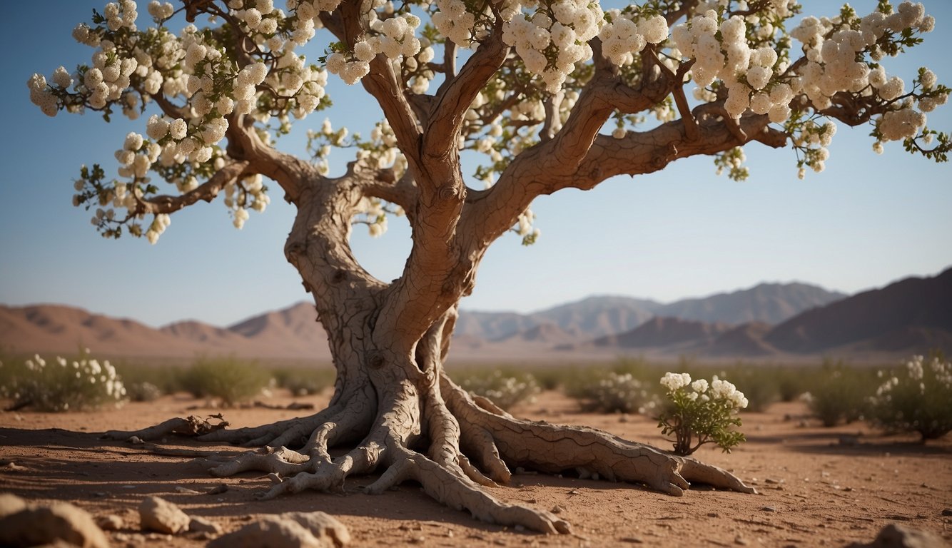 A boswellia tree stands tall in a dry, arid landscape. Its gnarled trunk and branches are adorned with clusters of small, fragrant white flowers and resinous sap oozes from its bark