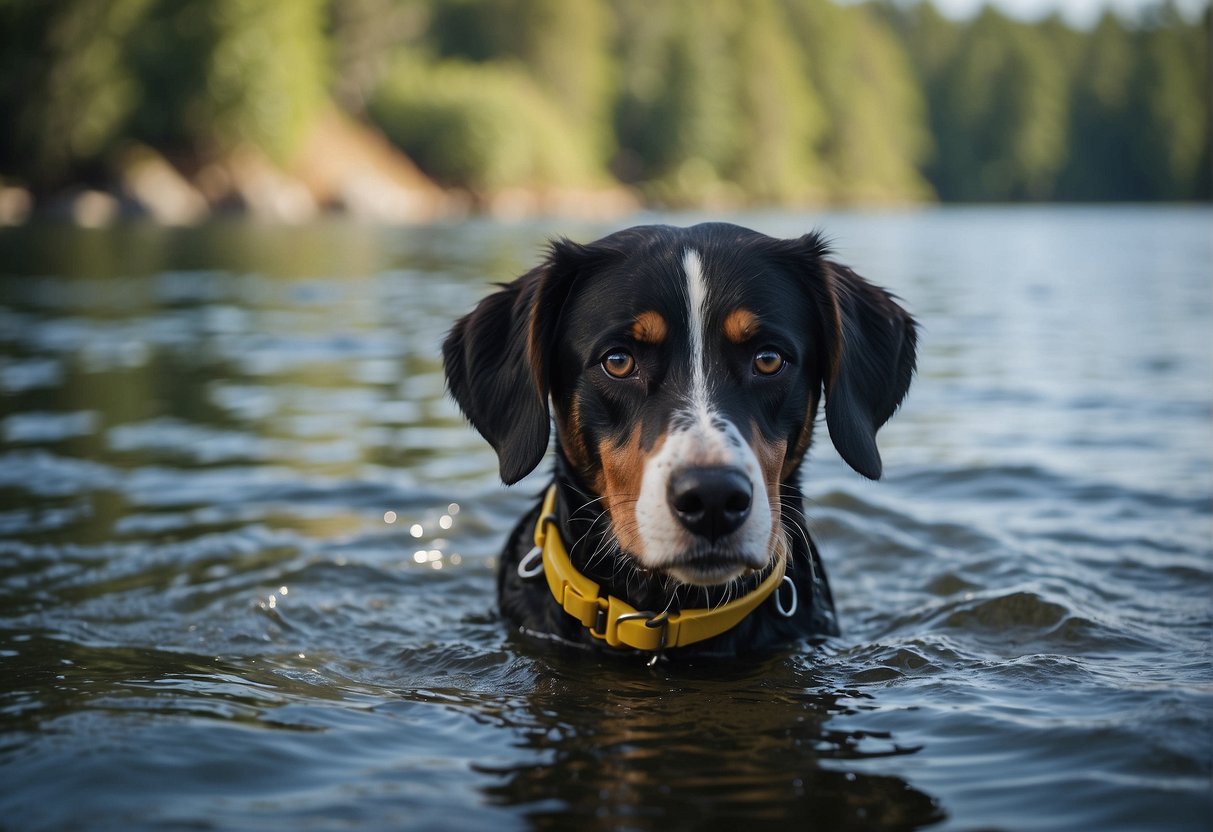 A dog with large, webbed feet standing in shallow water, demonstrating its ability to swim and navigate aquatic environments