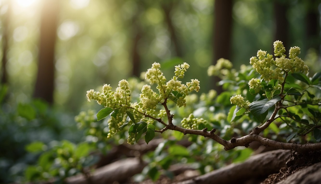 A serene forest with a boswellia tree surrounded by lush greenery and a peaceful atmosphere, conveying the natural and holistic health benefits of boswellia