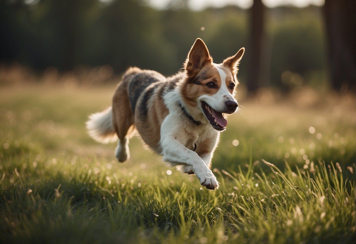 A dog with strong legs and a streamlined body, running through a grassy field, showcasing its structural adaptation for speed and agility