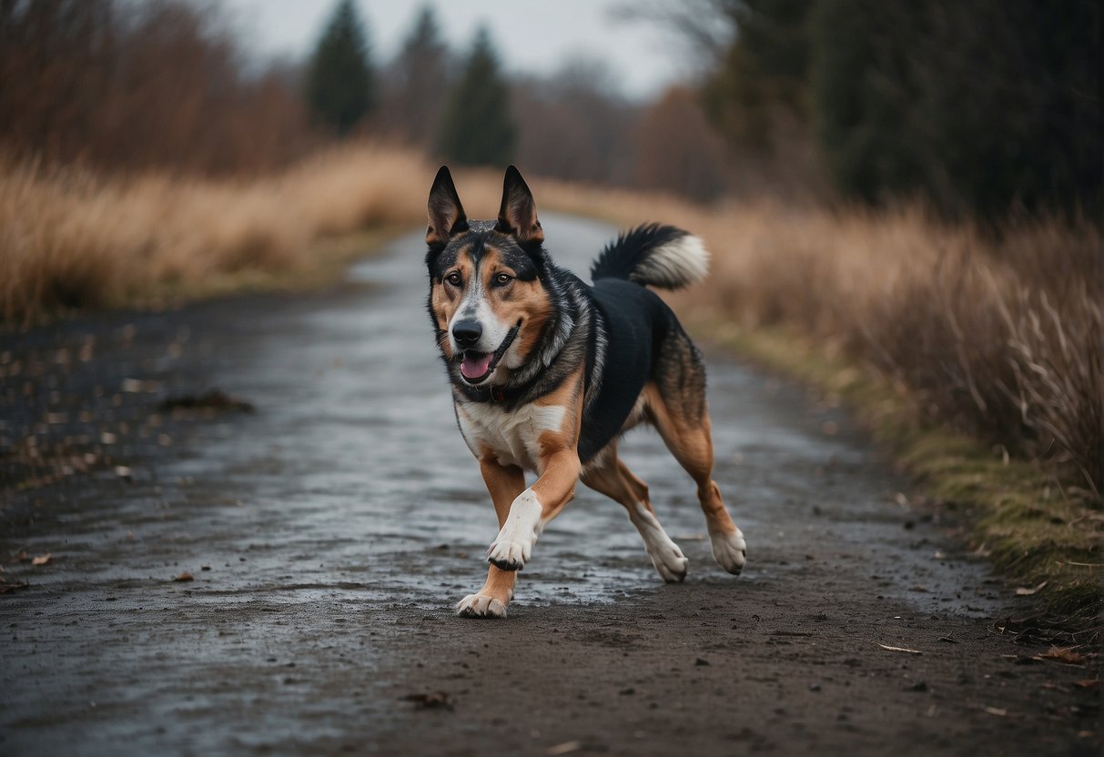 A dog with strong, muscular legs and a streamlined body, adapted for running and hunting. Its sharp teeth and keen sense of smell are also evident