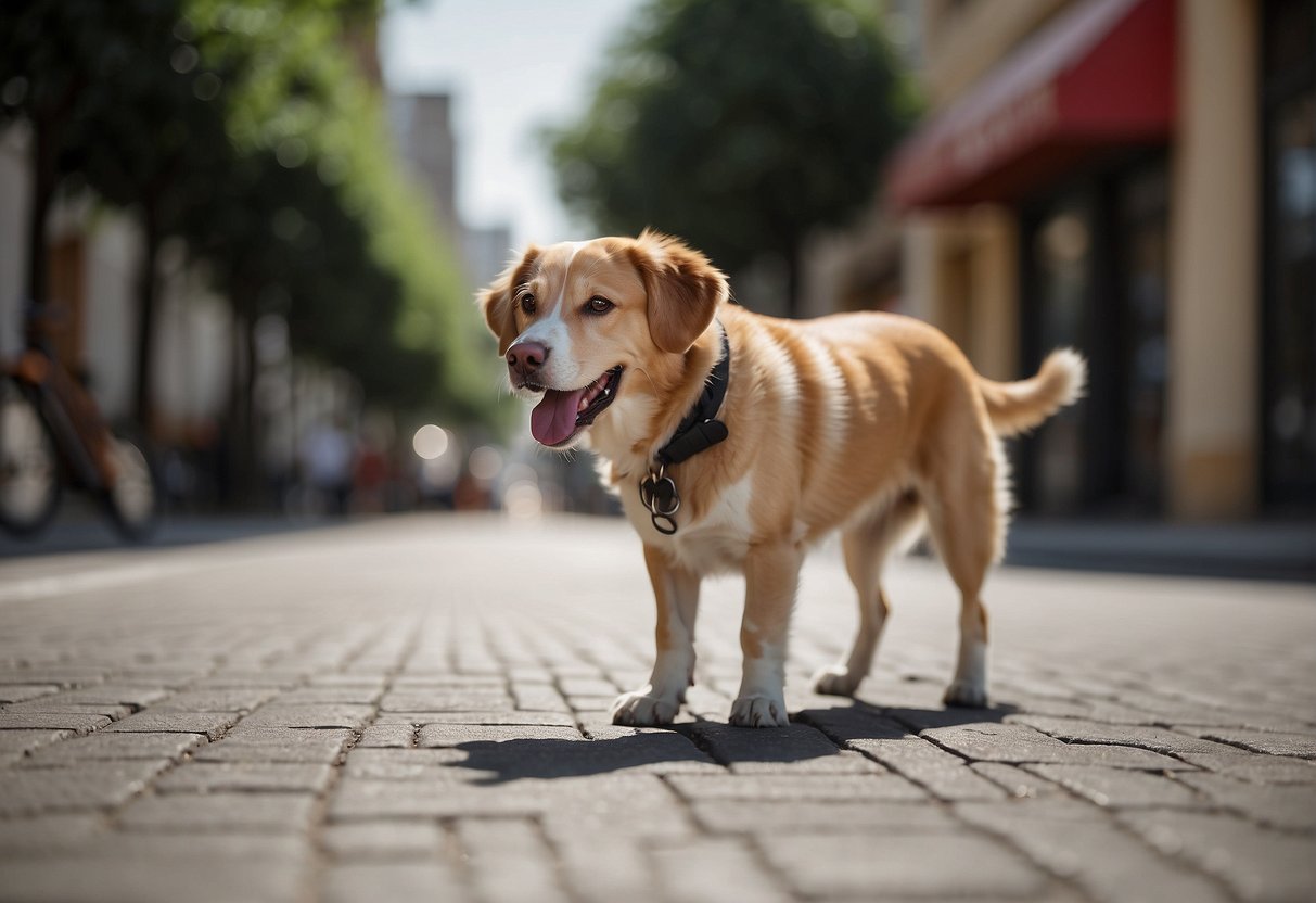 A dog pants while walking on a hot pavement, its tongue lolling out, and its body showing signs of heat stress